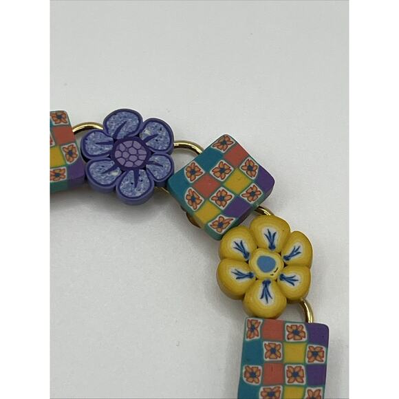 VTG Polymer Flower Checkered Y2K Bracelet Millefiori Gold Tone Link - Picture 5 of 7